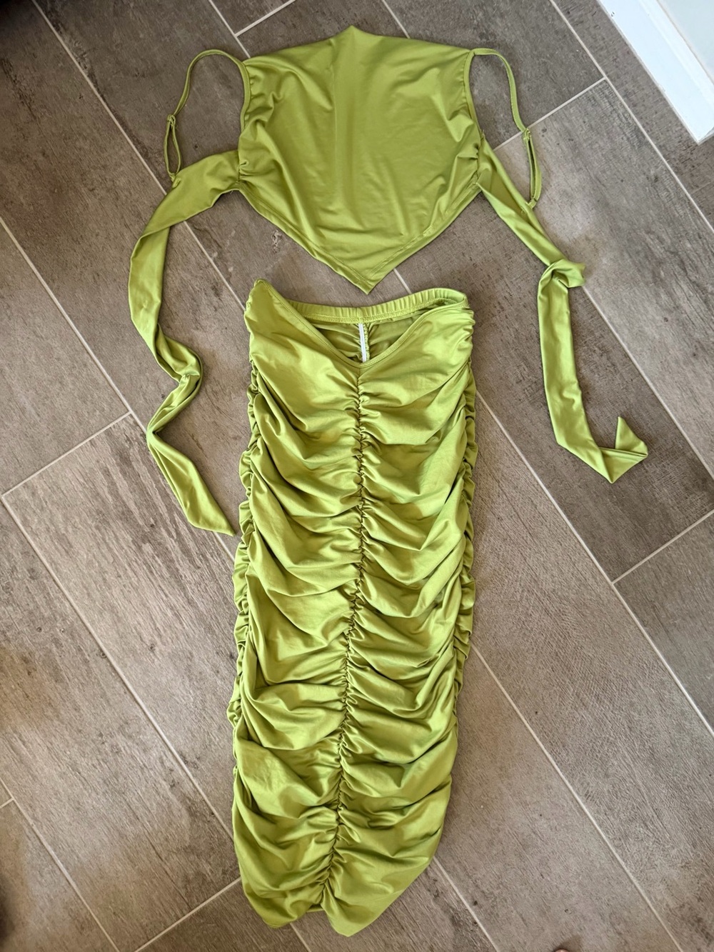 Lime Green Ruched Two-Piece Maxi Set - Picture 4 of 5